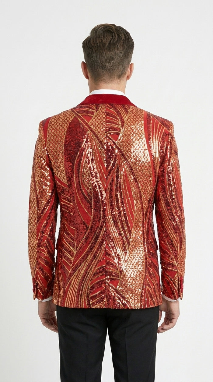 Men’s Red and Gold Sequin Christmas Holiday Blazer – Luxury Party Jacket for New Year, Wedding and Festive Events
