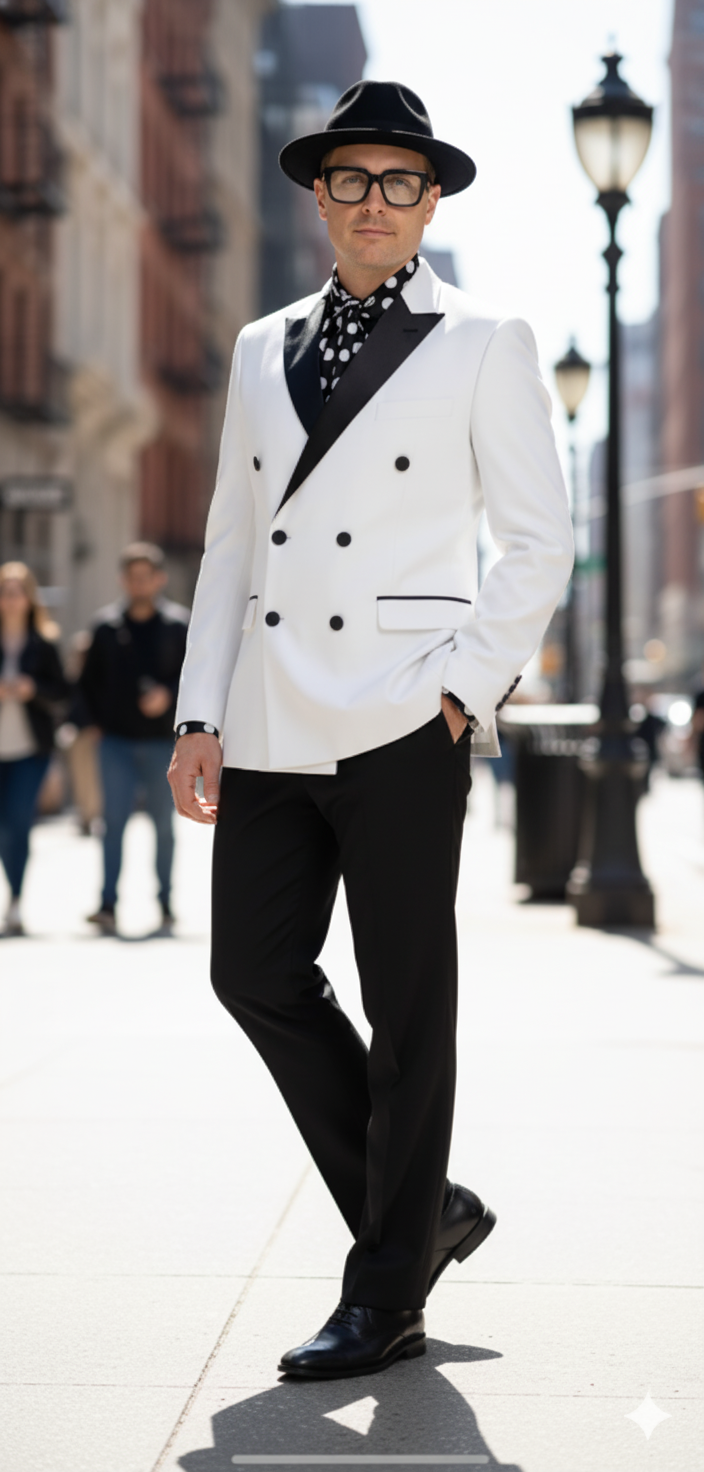 Men’s White and Black Double-Breasted Tuxedo – Modern Slim Fit Formal Suit for Weddings, Parties, and Special Occasions