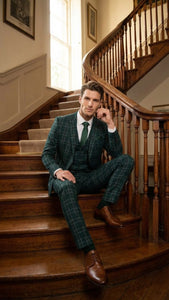 Men's Dark Green Plaid 3 Piece Suit – Checkered Suit Set for Wedding, Windowpane Tartan Fabric - Ultra Slim Fit - Image 6