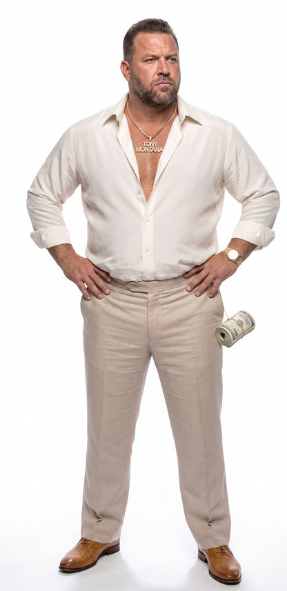 Tony Montana’s White Linen Shirt and Tan Pants – Men’s White Formal Shirt with Tan Trousers for Party, Wedding and Vintage Style Outfit