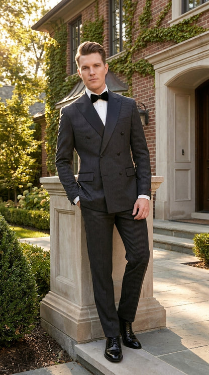 Men’s Double Breasted Suit – Classic Peak Lapel Formal Tuxedo Style Suit for Wedding in Black Ton on Tone Pinstripe