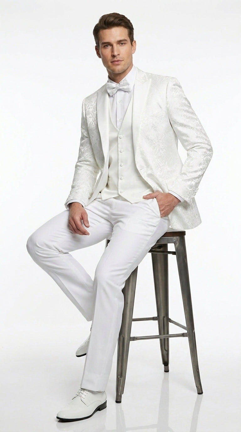 Men’s White Paisley Wedding Tuxedo with Groom Suit Jacket, Vest and Pants, Formal Dress Suit