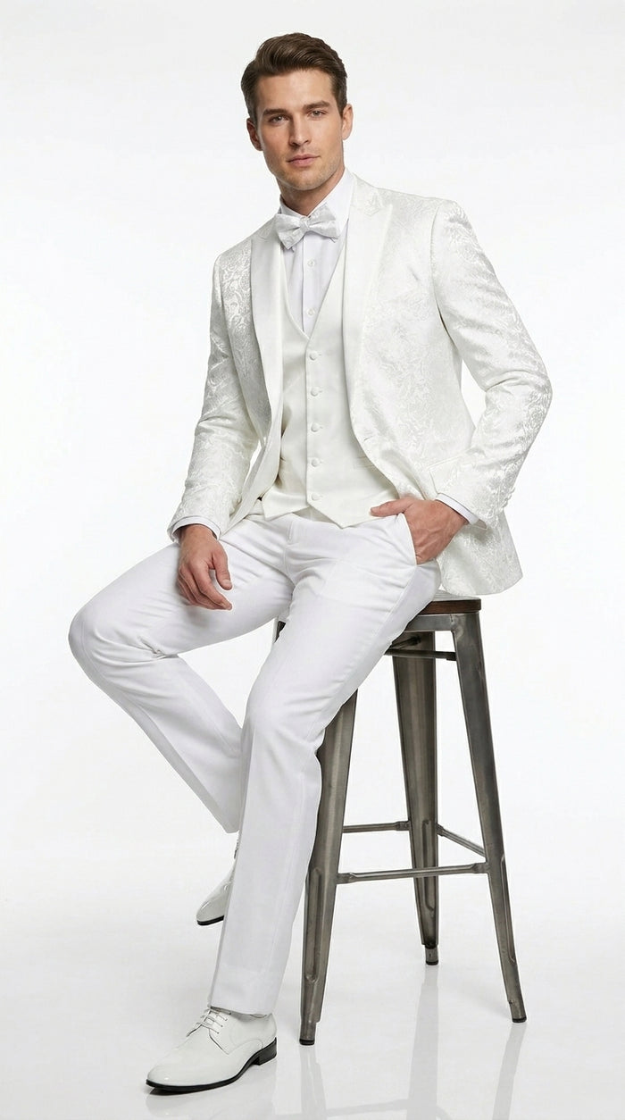 Men’s White Paisley Wedding Tuxedo with Groom Suit Jacket, Vest and Pants, Formal Dress Suit