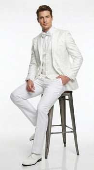 Men’s White Paisley Wedding Tuxedo with Groom Suit Jacket, Vest and Pants, Formal Dress Suit