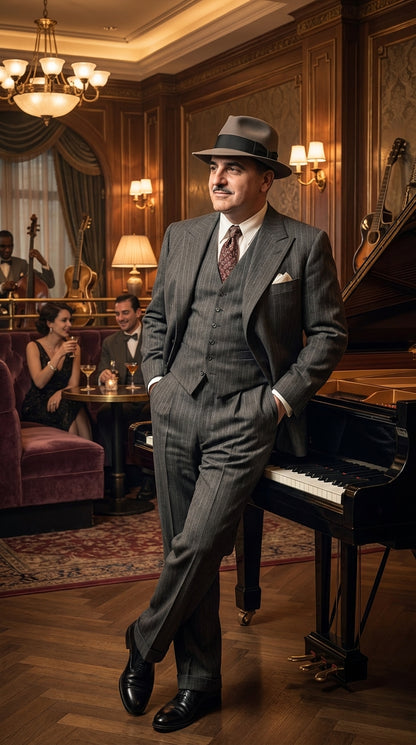 Al Capone Men’s Charcoal Gray Stripe 3-Piece Gangster Style Suit – 1920s Jazz Club Inspired Formal Suit Outfit - Image 8