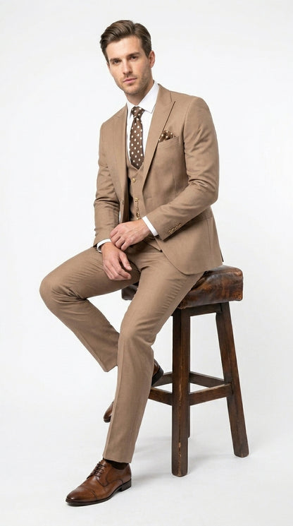 Men’s Rossiman Tan Suit with Gold Buttons, Peak Lapel Jacket and Double Breasted Vest Modern Fit