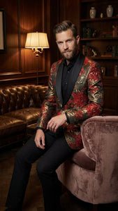 Men’s Red and Gold Floral Pattern Paisley  Shawl Lapel | Luxury Evening and Party Wear Jacket Prom Christmas New Year Blazer