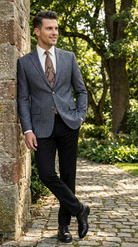 Men’s Charcoal Gray Windowpane Check Blazer – Classic Two Button Formal Sport Coat Jacket
