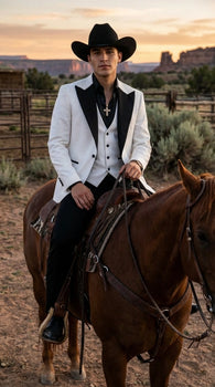 Men’s White Cowboy Tuxedo with Black Satin Lapel – Western Formal Suit with Matching Vest