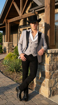 Men’s Light Gray Cowboy Tuxedo with Black Satin Lapel – Western Formal Suit with Double Breasted Vest