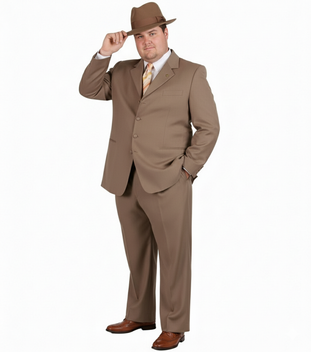 Men’s 1920s Tan Zoot Suit with Fedora Hat and Wingtip Shoes – Vintage Gangster 3-Piece Long Jacket Suit