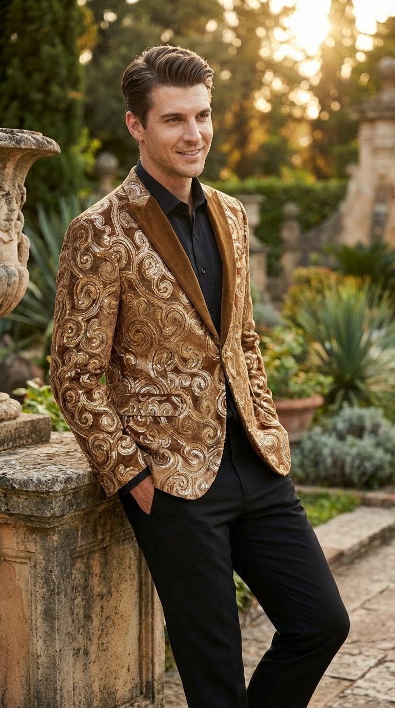 Men's Light Brown & Gold Baroque Embroidered Blazer Jacket | Tuxedo Dinner Jacket - Image 7