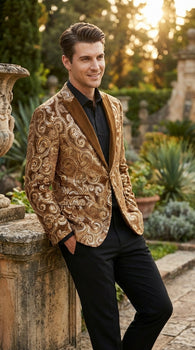 Men's Light Brown & Gold Baroque Embroidered Blazer Jacket | Tuxedo Dinner Jacket - Image 7
