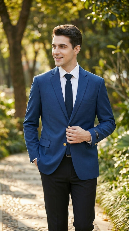 Men’s Sapphire Indigo Cobalt Blue Blazer with Gold Buttons – Classic Single Breasted Formal Business Jacket for Office, Wedding