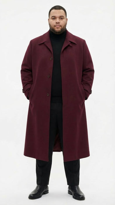 Men’s Full-Length Burgundy Overcoat – Microfiber 4 season fabric  Long Formal Coat with Classic Tailored Maxi Duster Coat