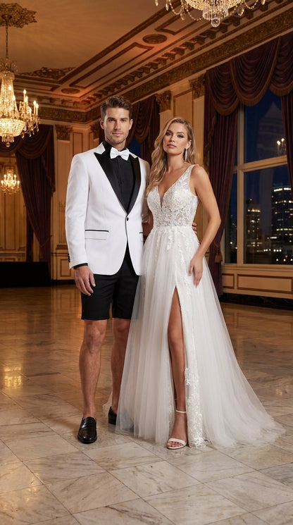 Men’s White and Black Tuxedo Suit with Shorts – Modern Formal Blazer and Short Pants Set for Wedding, Prom Suit