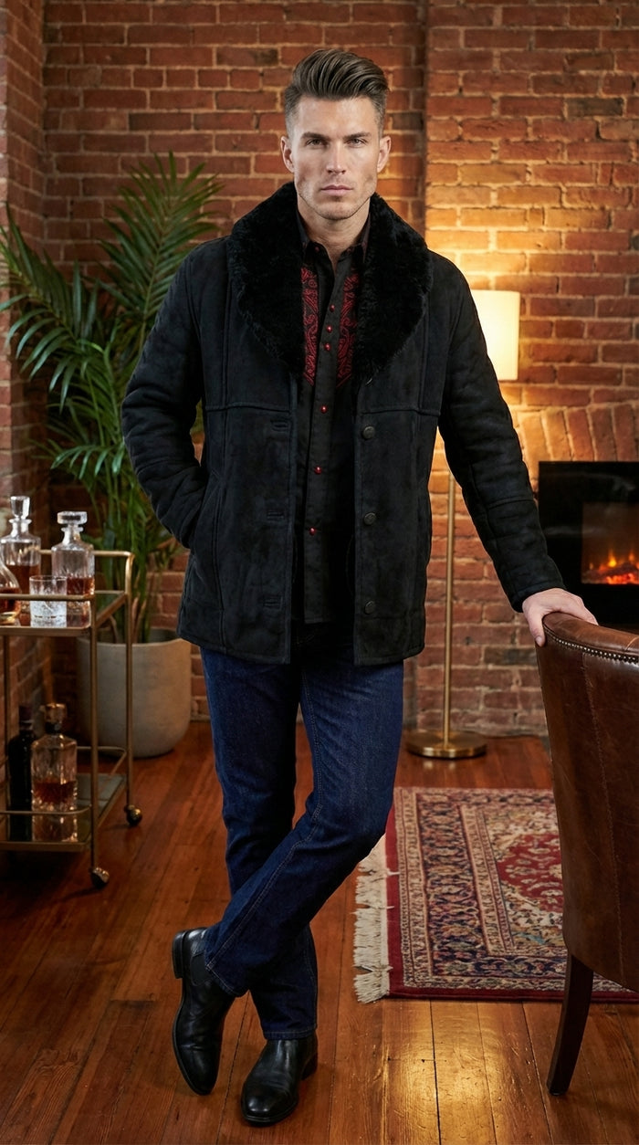 Men’s Black Sheepskin Leather Jacket Cowboy – Warm Faux Fur Collar Coat, Winter Long Jacket, Casual Western Style Outerwear