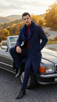 Men’s Dark Navy Blue Long Overcoat with Faux Fur Collar, Classic Winter Dress Coat for Formal