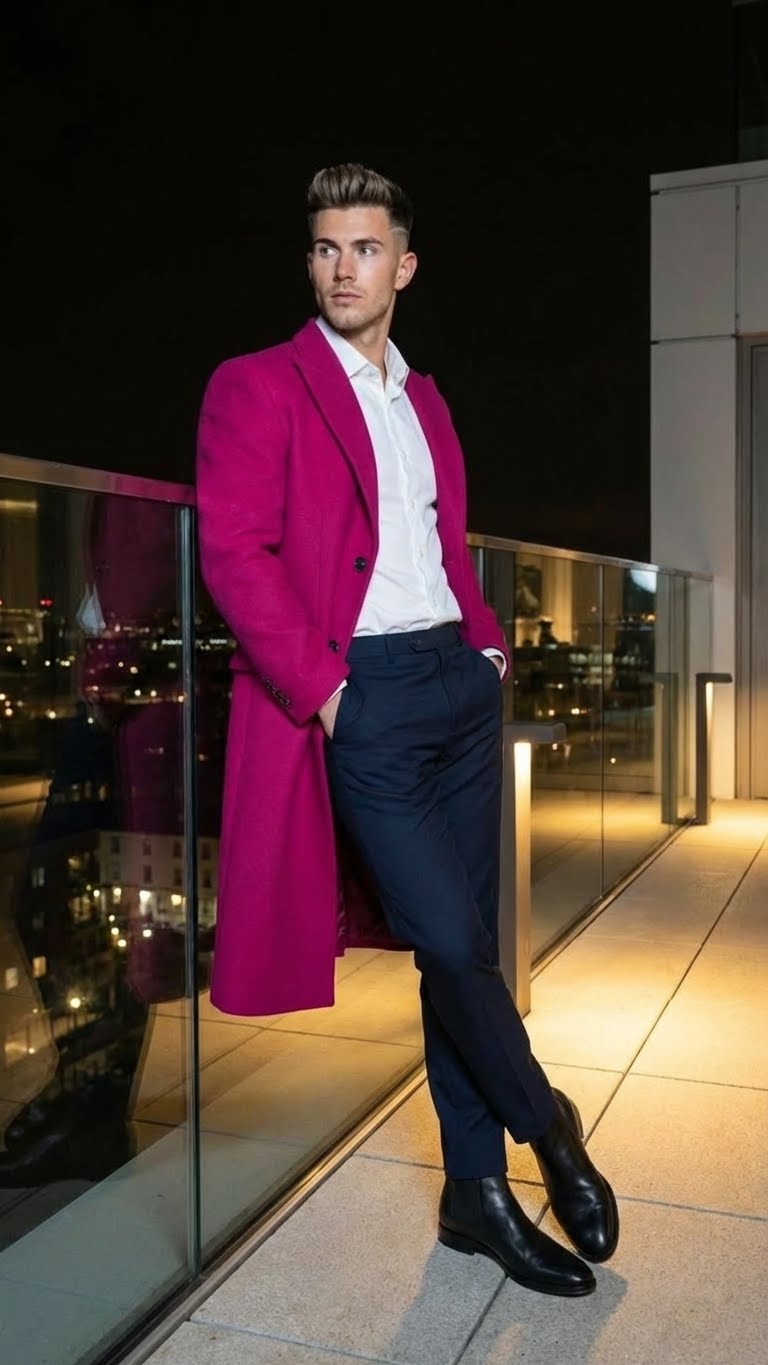 Men’s Hot Pink Wool Blend Overcoat – Topcoat Carcoat Winter Fabric