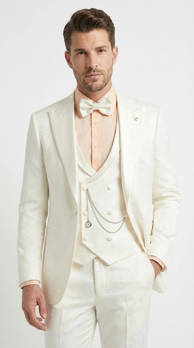 Vinci Men’s Ivory Three Piece Suit – Ivory 3PC Formal Wedding Suit for Groom, Prom and Black Tie Events  Modern Fit