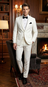Mens White Wedding Tuxedo Suit – Formal Groom Suit Set Classic Dinner Jacket + White Tuxedo Shirt + Black Bow Tie