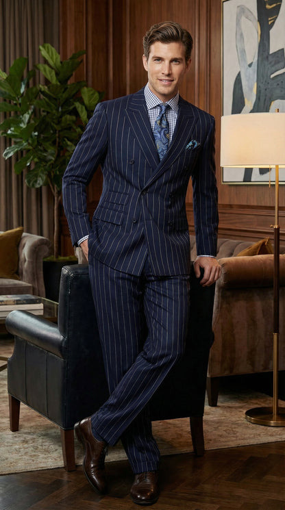 Men's Navy Blue Double Breasted Pinstripe Suit – Modern Fit