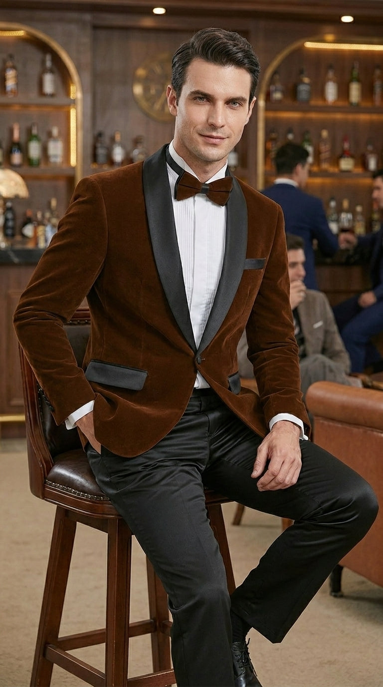 Men’s Brown Camel Bronze Velvet Tuxedo Jacket, Shawl Lapel Wedding Prom Dinner Blazer - Blazer Sportcoat
