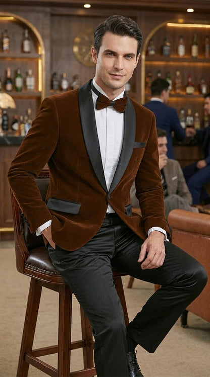 Men’s Brown Camel Bronze Velvet Tuxedo Jacket, Shawl Lapel Wedding Prom Dinner Blazer - Blazer Sportcoat