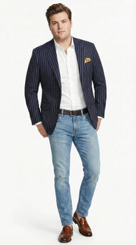 Mens Navy Blue Pinstripe Blazer – Classic Tailored Formal Jacket for Business, Office and Smart Casual Wear