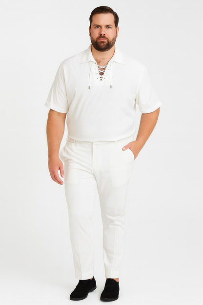 Men’s White Lace-Up Renaissance Shirt – Linen Fabric Short Sleeve Casual Pirate Peasant Top