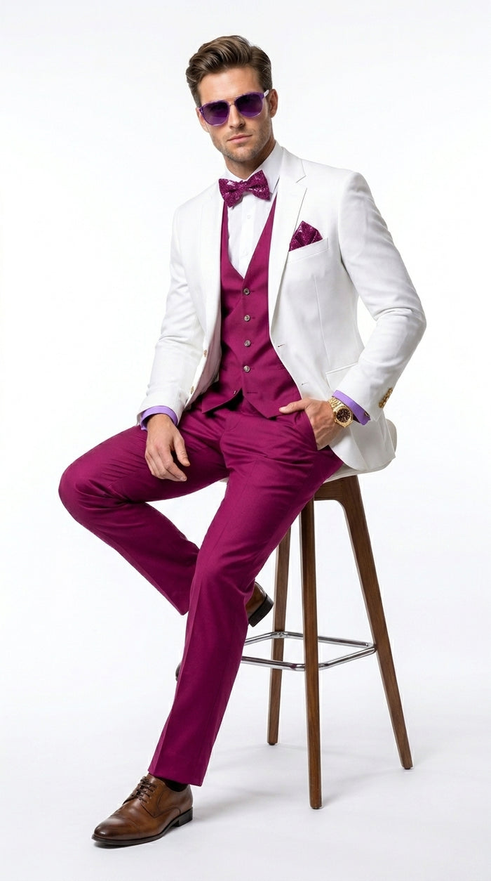 White and Burgundy Tuxedo Wedding Suit for Men – White Dinner Jacket with Burgundy Vest, Pants and Bow Tie