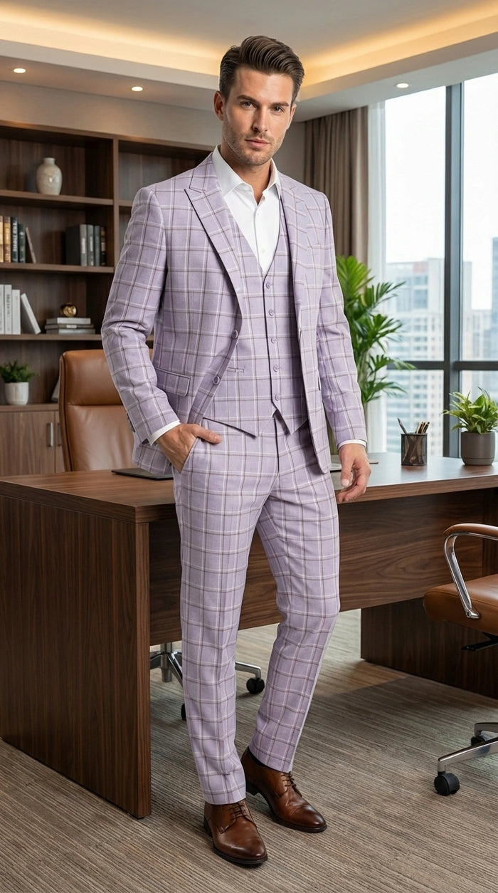 Men’s Lilac Lavender Windowpane Check 3 Piece Suit – Lilac Plaid Formal Suit with Vest for Wedding, Prom and Business Events  Modern Fit