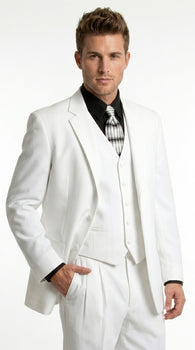 Men’s All White Classic 3 Piece Suit with High Vest, 3 Button Jacket and Pleated Pants