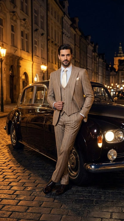 Men's Beige Pinstripe Three-Piece Vested Suit – Tailored Fit  Business Attire in Tan Stripe by Rossiman - Image 7