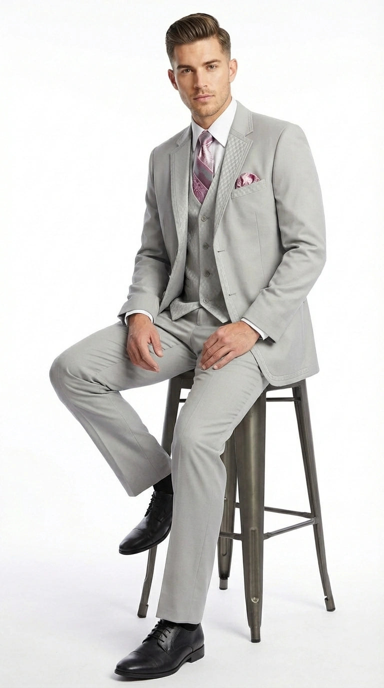 Men’s Light Gray 3 Piece Suit – Ice Silver Gray Formal Suit Set with Vest, Patterned Lapel and Tie for Wedding, Prom and Business Events  Modern Fit