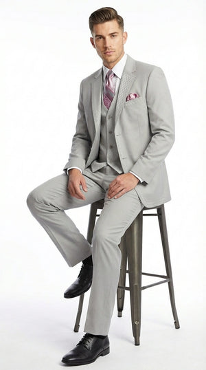 Men’s Light Gray 3 Piece Suit – Ice Silver Gray Formal Suit Set with Vest, Patterned Lapel and Tie for Wedding, Prom and Business Events