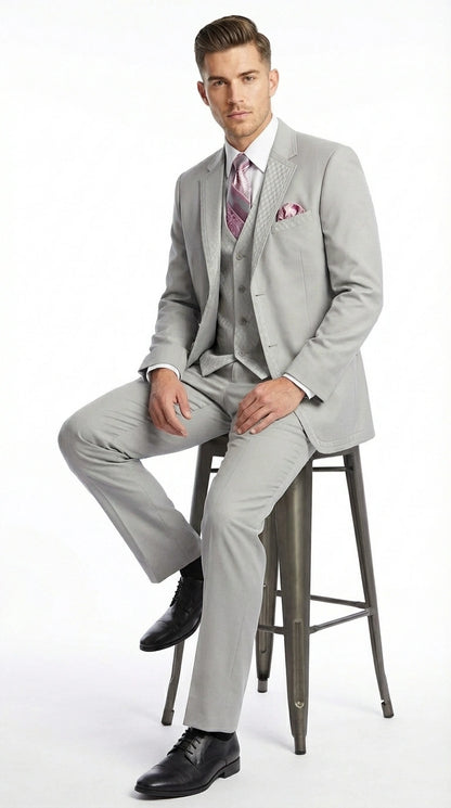 Men’s Light Gray 3 Piece Suit – Ice Silver Gray Formal Suit Set with Vest, Patterned Lapel and Tie for Wedding, Prom and Business Events  Modern Fit