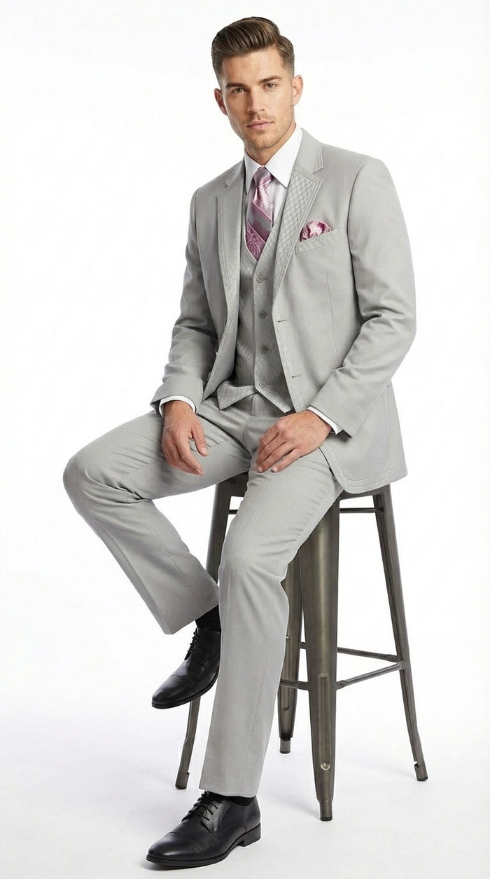 Men’s Light Gray 3 Piece Suit – Ice Silver Gray Formal Suit Set with Vest, Patterned Lapel and Tie for Wedding, Prom and Business Events  Modern Fit