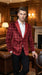 Mens Red Burgundy Plaid Blazer with Contrast Lapel – Velvet Fabric Check Prom Blazer Jacket for Party, Christmas New Year Holiday Jacket