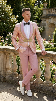 Men’s Rose Gold Pink Prom Tuxedo Suit – Slim Fit Paisley Pattern Formal Tuxedo Suit for Prom, Wedding and Special Events