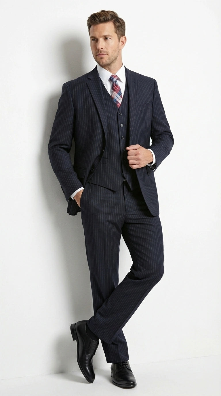 Italian Made By Statment - 100% Wool Fabric Super 150's  Banker Pinstripe in Navy Charcoal Black 2 Button Suit Modern Fit 2 Buttons Notch Lapel
