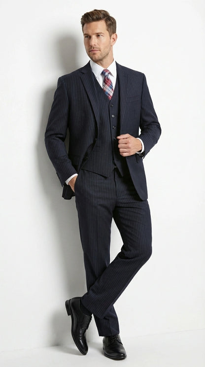 Italian Made By Statment - 100% Wool Fabric Super 150's  Banker Pinstripe in Navy Charcoal Black 2 Button Suit Modern Fit 2 Buttons Notch Lapel