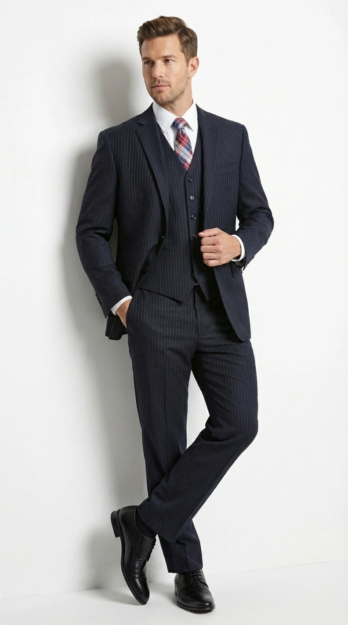Italian Made By Statment - 100% Wool Fabric Super 150's  Banker Pinstripe in Navy Charcoal Black 2 Button Suit Modern Fit 2 Buttons Notch Lapel
