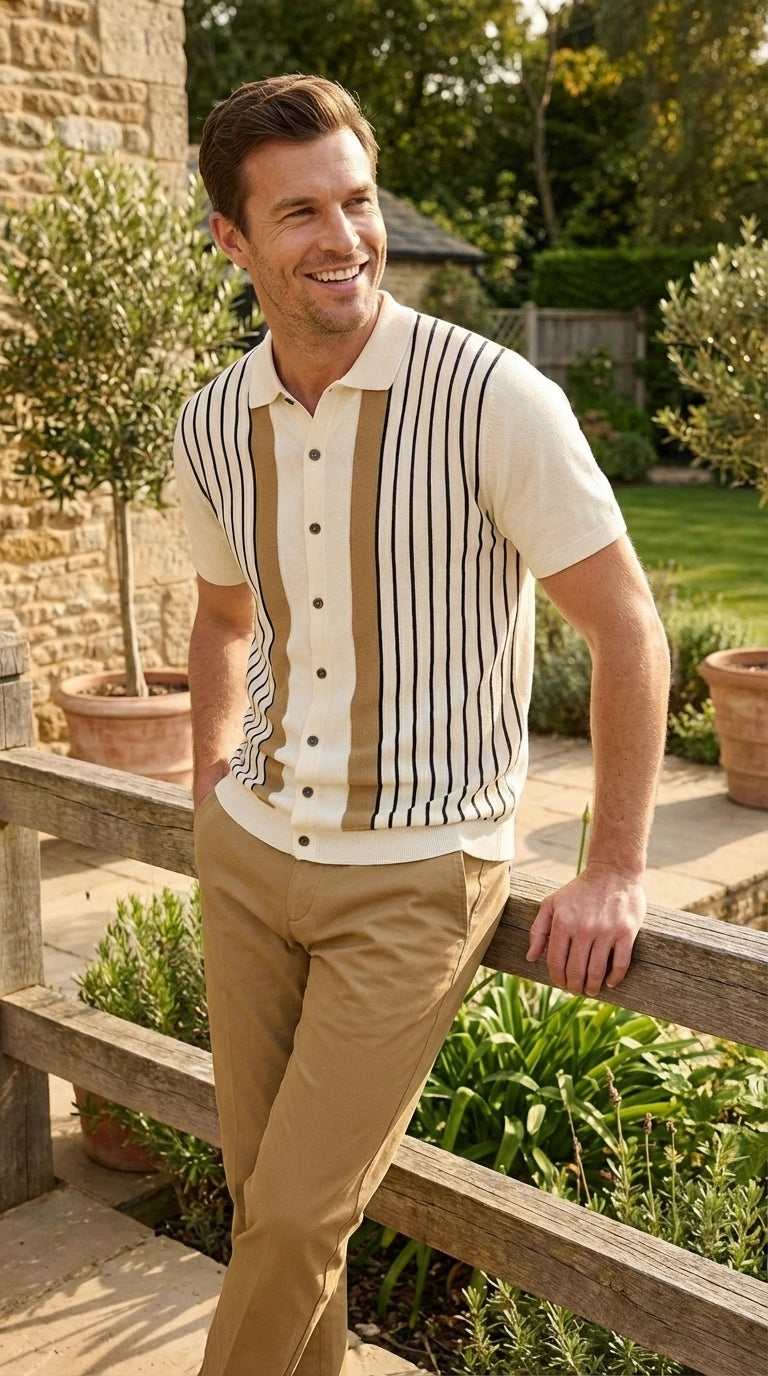 Mens Cream and Tan Striped Walking Suit plus Matching Pants  – Casual Summer Short Sleeve Shirt and Pants Outfit for Vacation, Travel and Everyday Wear