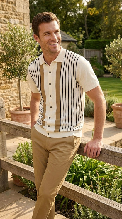 Mens Cream and Tan Striped Walking Suit plus Matching Pants  – Casual Summer Short Sleeve Shirt and Pants Outfit for Vacation, Travel and Everyday Wear