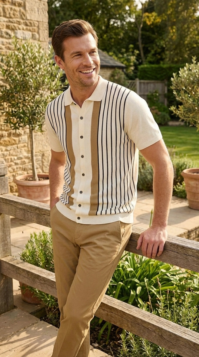 Mens Cream and Tan Striped Walking Suit plus Matching Pants  – Casual Summer Short Sleeve Shirt and Pants Outfit for Vacation, Travel and Everyday Wear