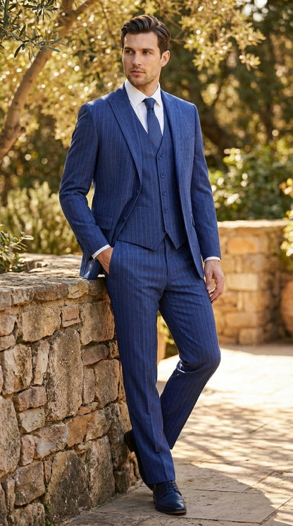 Men’s Cobalt Blue 3 Piece Suit – Indigo Light Blue Pinstripe Formal Suit with Vest for Wedding, Business Two buttons Modern Fit