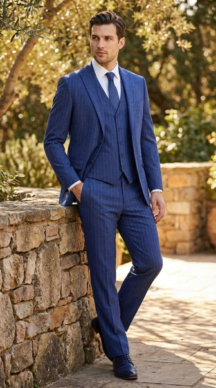 Men’s Cobalt Blue 3 Piece Suit – Indigo Light Blue Pinstripe Formal Suit with Vest for Wedding, Business Two buttons Modern Fit