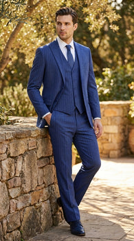 Men’s Cobalt Blue 3 Piece Suit – Indigo Light Blue Pinstripe Formal Suit with Vest for Wedding, Business Modern Fit Two buttons