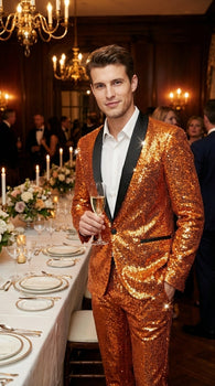 Mens Orange Sequin Tuxedo Suit – Shiny Wedding Suit Set with Black Lapel for Prom, Party, Gala and Formal Evening Wear - Goldish Orange